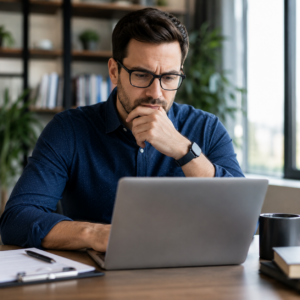 Person questioning authenticity of a written document on screen