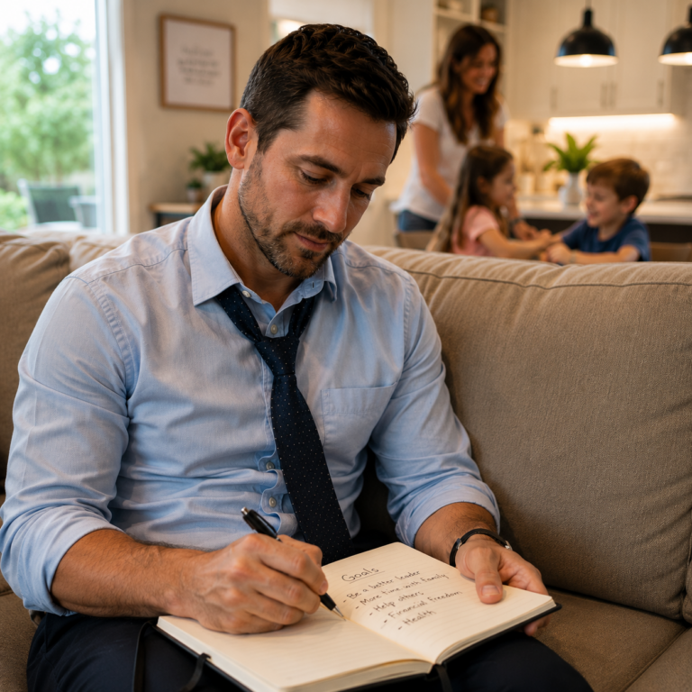 Person writing goals in a journal reflecting on purpose