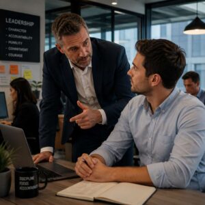 Confident leader mentoring a team member demonstrating traits of a strong person